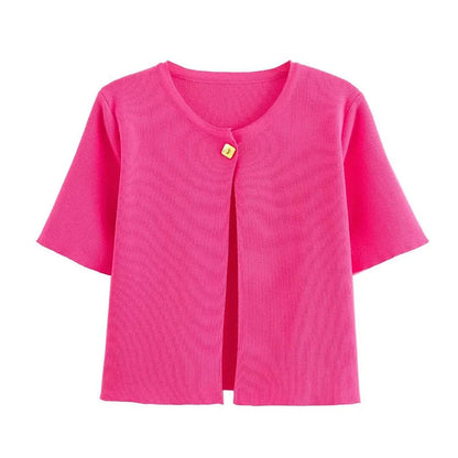 Casual Knitted Single Breasted Cardigan Women Autumn Solid Short Sleeve O-Neck Mini Sweater 2024 Slim Fashion All-Match Top