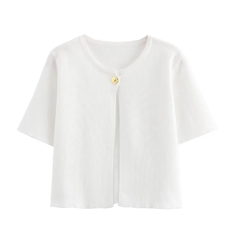 Casual Knitted Single Breasted Cardigan Women Autumn Solid Short Sleeve O-Neck Mini Sweater 2024 Slim Fashion All-Match Top