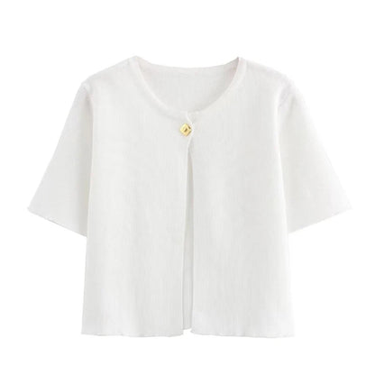 Casual Knitted Single Breasted Cardigan Women Autumn Solid Short Sleeve O-Neck Mini Sweater 2024 Slim Fashion All-Match Top