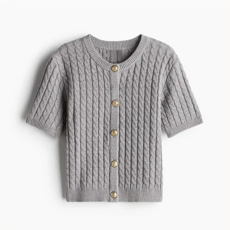 Casual Knitted Single Breasted Cardigan Women Autumn Solid Short Sleeve O-Neck Mini Sweater 2024 Slim Fashion All-Match Top