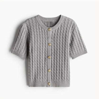 Casual Knitted Single Breasted Cardigan Women Autumn Solid Short Sleeve O-Neck Mini Sweater 2024 Slim Fashion All-Match Top