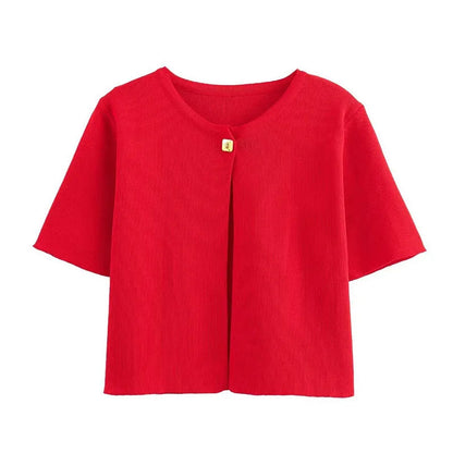 Casual Knitted Single Breasted Cardigan Women Autumn Solid Short Sleeve O-Neck Mini Sweater 2024 Slim Fashion All-Match Top