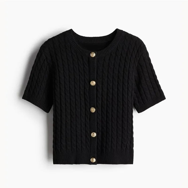 Casual Knitted Single Breasted Cardigan Women Autumn Solid Short Sleeve O-Neck Mini Sweater 2024 Slim Fashion All-Match Top