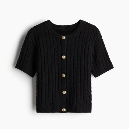 Casual Knitted Single Breasted Cardigan Women Autumn Solid Short Sleeve O-Neck Mini Sweater 2024 Slim Fashion All-Match Top