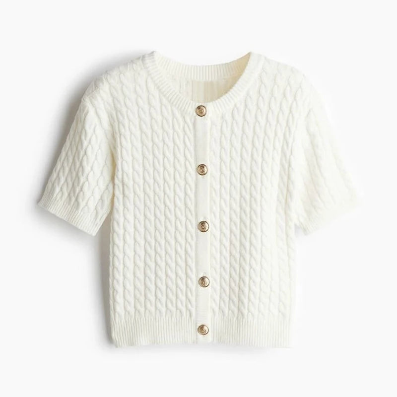 Casual Knitted Single Breasted Cardigan Women Autumn Solid Short Sleeve O-Neck Mini Sweater 2024 Slim Fashion All-Match Top