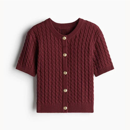 Casual Knitted Single Breasted Cardigan Women Autumn Solid Short Sleeve O-Neck Mini Sweater 2024 Slim Fashion All-Match Top