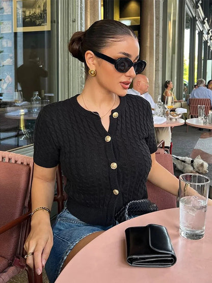 Casual Knitted Single Breasted Cardigan Women Autumn Solid Short Sleeve O-Neck Mini Sweater 2024 Slim Fashion All-Match Top