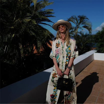 Causal Satin Printed Pants 2 Piece Sets For Women Fashion Lapel Single Breasted Long Sleeved Shirts Suits Lady Vacation Outifts