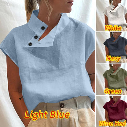 Celmia Stylish Tunic Tops Plus Size Women Short Sleeve Summer Blouses Buttons Solid Cotton Linen Tops Casual Loose Blusas Femme