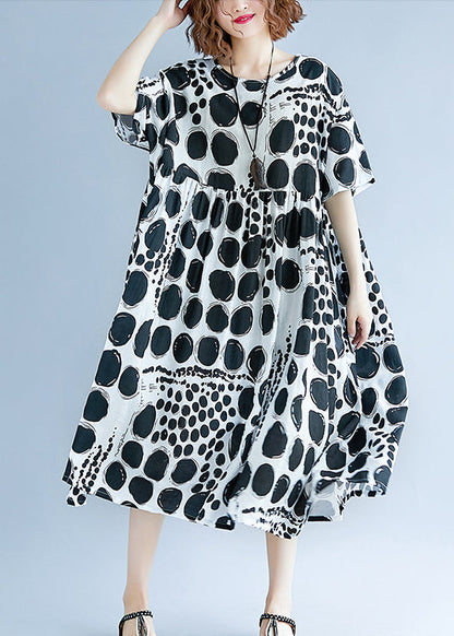 Chic o neck Extra large hem cotton linen clothes For Women Runway black dotted Art Dress Summer