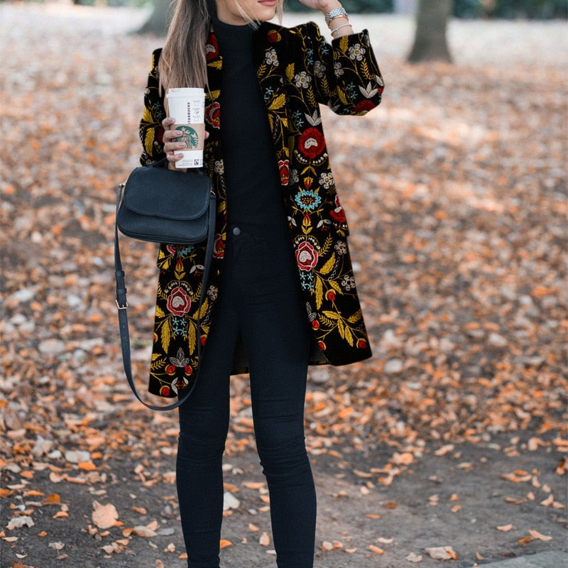 Winter Flower Print Pattern Coats Long Sleeve Vintage Coat Casual Women Slim Coat Jacket Female Outwear