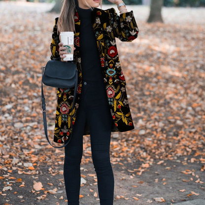 Winter Flower Print Pattern Coats Long Sleeve Vintage Coat Casual Women Slim Coat Jacket Female Outwear