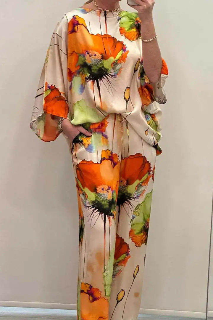 Conjuntos Para Mujeres 2 Piezas Women Printed Satin Two-Piece Set, 3/4 Sleeve Round Neck Pants, Summer Fashion,Pant Sets