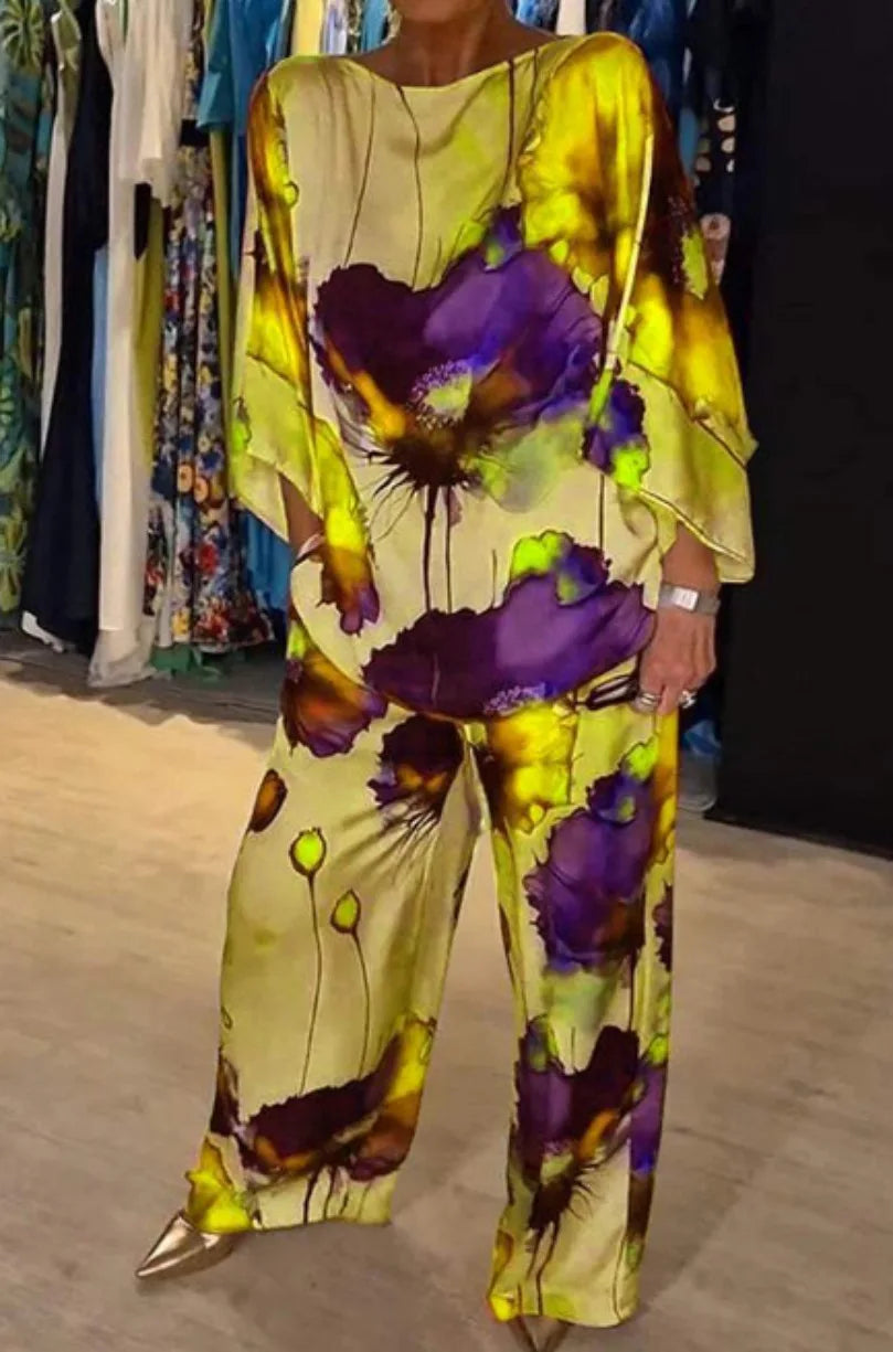 Conjuntos Para Mujeres 2 Piezas Women Printed Satin Two-Piece Set, 3/4 Sleeve Round Neck Pants, Summer Fashion,Pant Sets