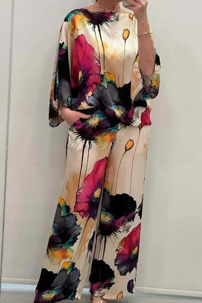 Conjuntos Para Mujeres 2 Piezas Women Printed Satin Two-Piece Set, 3/4 Sleeve Round Neck Pants, Summer Fashion,Pant Sets