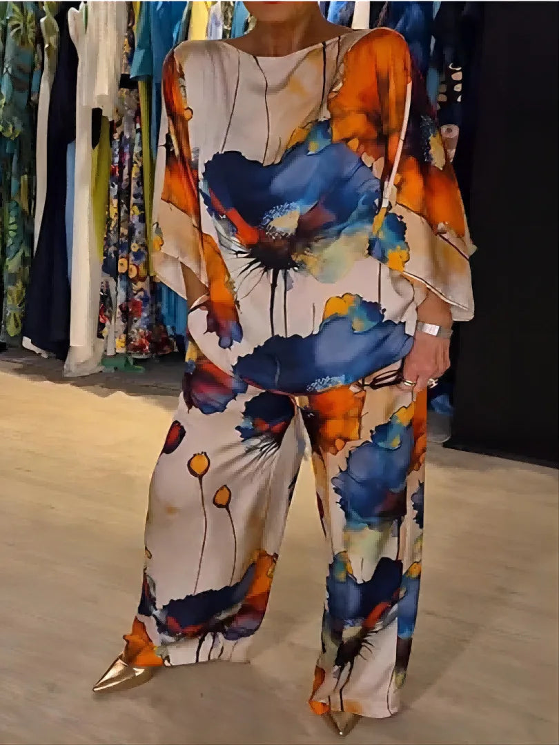 Conjuntos Para Mujeres 2 Piezas Women Printed Satin Two-Piece Set, 3/4 Sleeve Round Neck Pants, Summer Fashion,Pant Sets