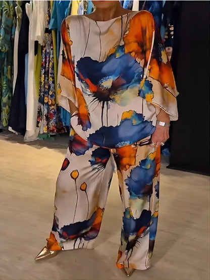 Conjuntos Para Mujeres 2 Piezas Women Printed Satin Two-Piece Set, 3/4 Sleeve Round Neck Pants, Summer Fashion,Pant Sets