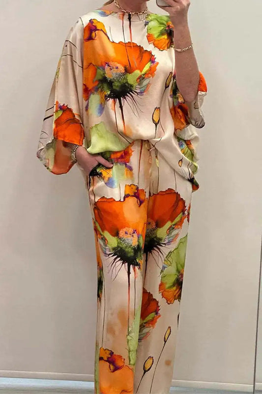 Conjuntos Para Mujeres 2 Piezas Women Printed Satin Two-Piece Set, 3/4 Sleeve Round Neck Pants, Summer Fashion,Pant Sets