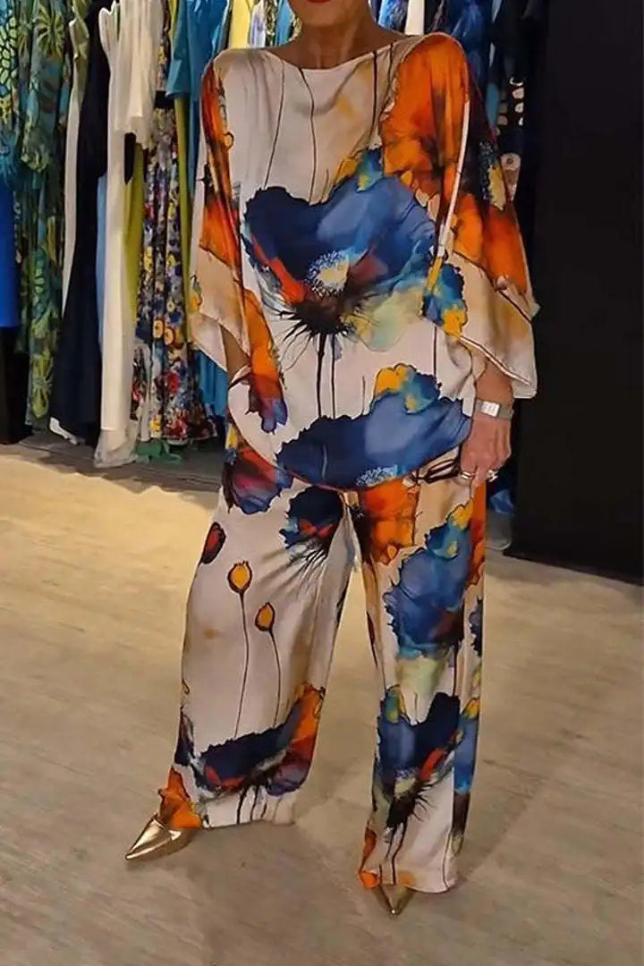 Conjuntos Para Mujeres 2 Piezas Women Printed Satin Two-Piece Set, 3/4 Sleeve Round Neck Pants, Summer Fashion,Pant Sets