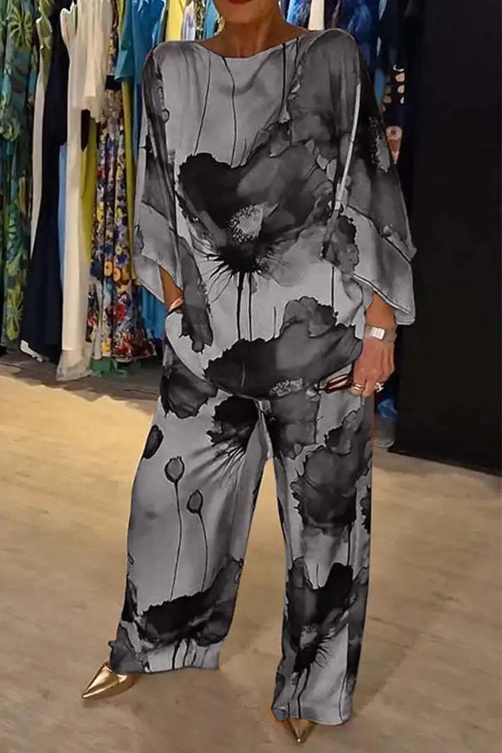 Conjuntos Para Mujeres 2 Piezas Women Printed Satin Two-Piece Set, 3/4 Sleeve Round Neck Pants, Summer Fashion,Pant Sets