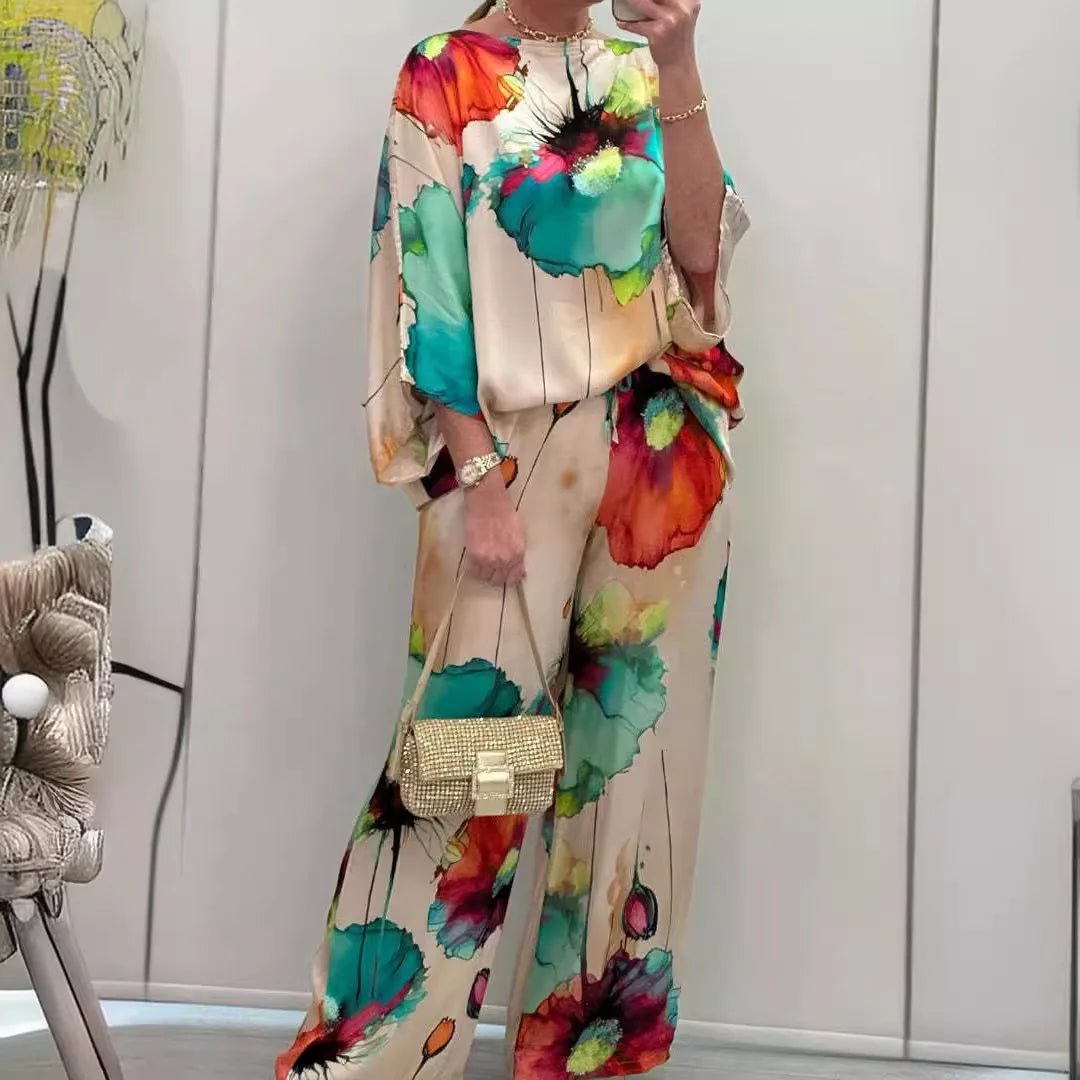 Conjuntos Para Mujeres 2 Piezas Women Printed Satin Two-Piece Set, 3/4 Sleeve Round Neck Pants, Summer Fashion,Pant Sets