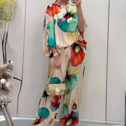 Conjuntos Para Mujeres 2 Piezas Women Printed Satin Two-Piece Set, 3/4 Sleeve Round Neck Pants, Summer Fashion,Pant Sets