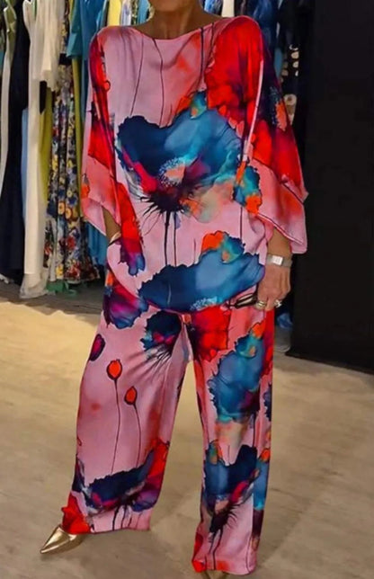 Conjuntos Para Mujeres 2 Piezas Women Printed Satin Two-Piece Set, 3/4 Sleeve Round Neck Pants, Summer Fashion,Pant Sets