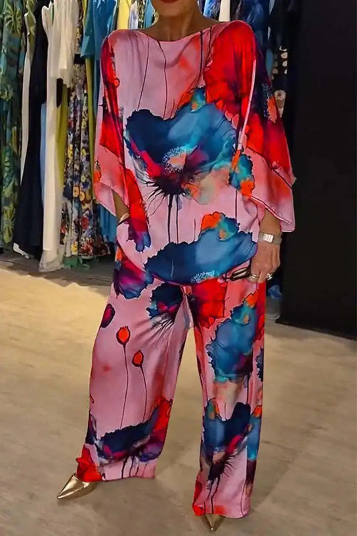 Conjuntos Para Mujeres 2 Piezas Women Printed Satin Two-Piece Set, 3/4 Sleeve Round Neck Pants, Summer Fashion,Pant Sets