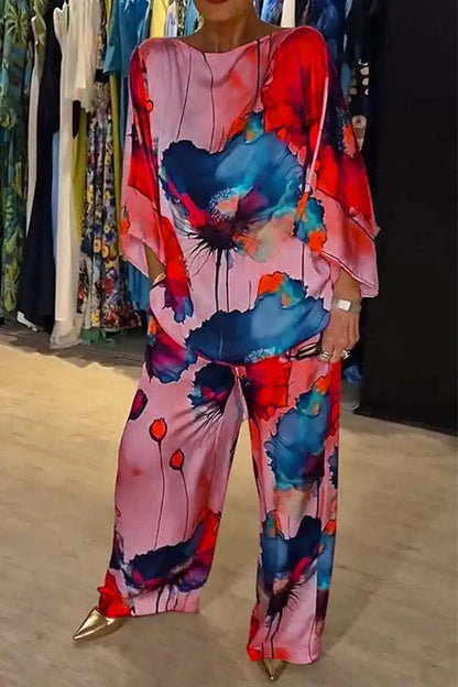 Conjuntos Para Mujeres 2 Piezas Women Printed Satin Two-Piece Set, 3/4 Sleeve Round Neck Pants, Summer Fashion,Pant Sets