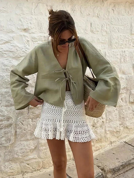 Cotton Line Tops Women Lace Up V-Neck Loose Solid Shirts Female 2024 Summer New Long Sleeves Fashion Casual Soft Shirt Lady