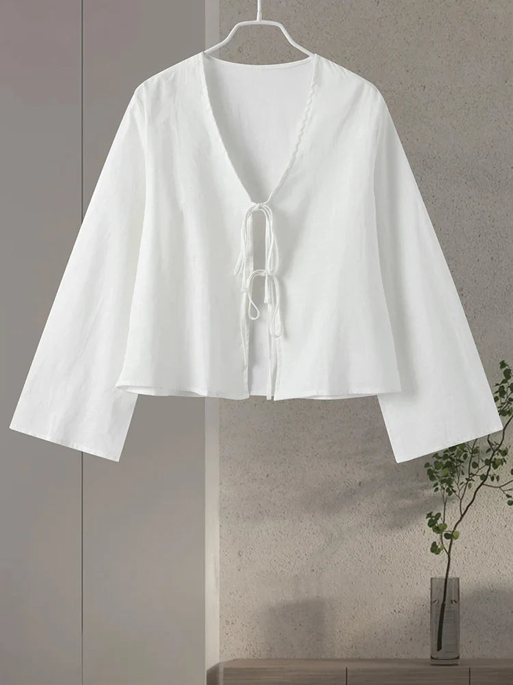 Cotton Line Tops Women Lace Up V-Neck Loose Solid Shirts Female 2024 Summer New Long Sleeves Fashion Casual Soft Shirt Lady