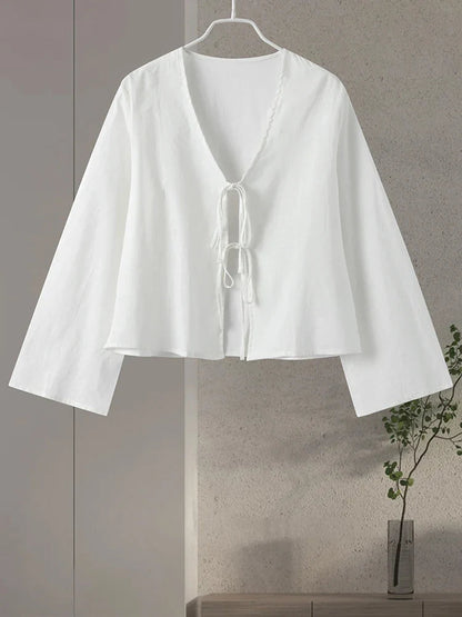 Cotton Line Tops Women Lace Up V-Neck Loose Solid Shirts Female 2024 Summer New Long Sleeves Fashion Casual Soft Shirt Lady