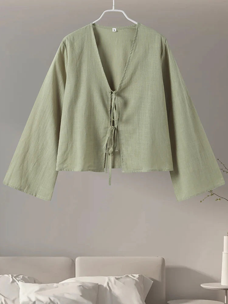 Cotton Line Tops Women Lace Up V-Neck Loose Solid Shirts Female 2024 Summer New Long Sleeves Fashion Casual Soft Shirt Lady