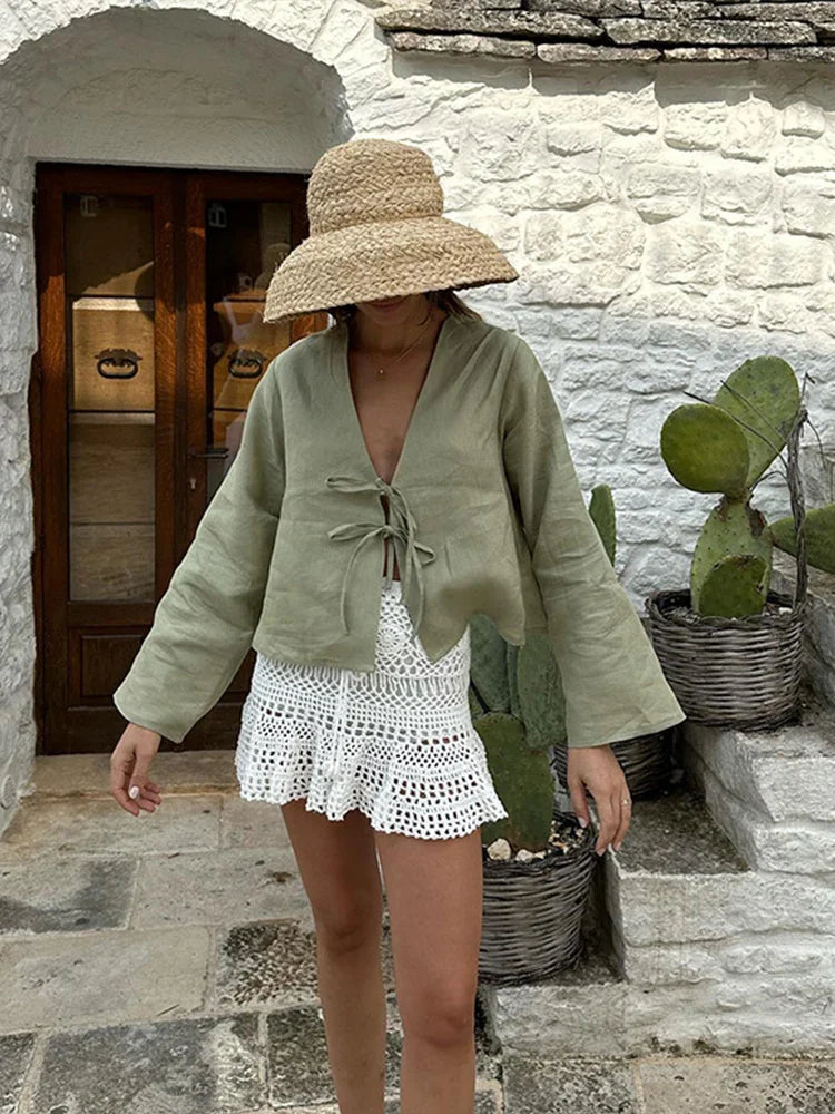 Cotton Line Tops Women Lace Up V-Neck Loose Solid Shirts Female 2024 Summer New Long Sleeves Fashion Casual Soft Shirt Lady