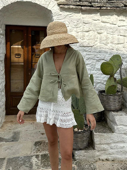 Cotton Line Tops Women Lace Up V-Neck Loose Solid Shirts Female 2024 Summer New Long Sleeves Fashion Casual Soft Shirt Lady