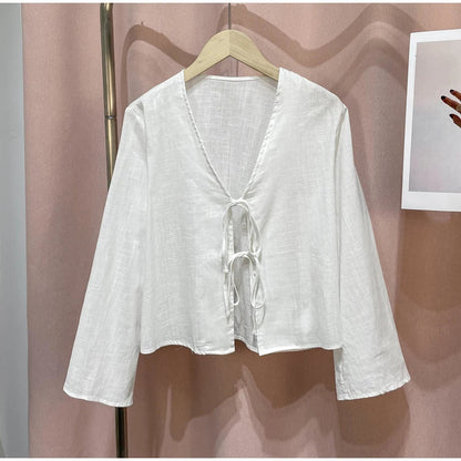 Cotton Line Tops Women Lace Up V-Neck Loose Solid Shirts Female 2024 Summer New Long Sleeves Fashion Casual Soft Shirt Lady