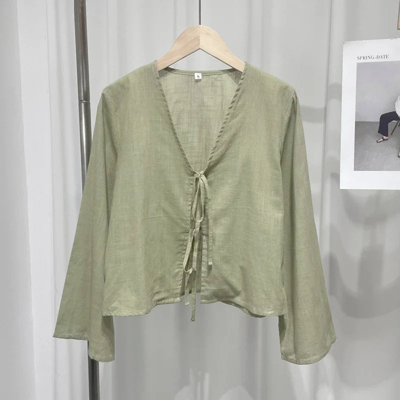 Cotton Line Tops Women Lace Up V-Neck Loose Solid Shirts Female 2024 Summer New Long Sleeves Fashion Casual Soft Shirt Lady