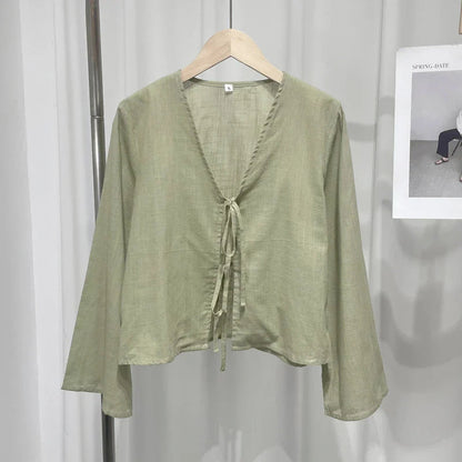 Cotton Line Tops Women Lace Up V-Neck Loose Solid Shirts Female 2024 Summer New Long Sleeves Fashion Casual Soft Shirt Lady