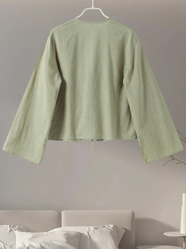 Cotton Line Tops Women Lace Up V-Neck Loose Solid Shirts Female 2024 Summer New Long Sleeves Fashion Casual Soft Shirt Lady