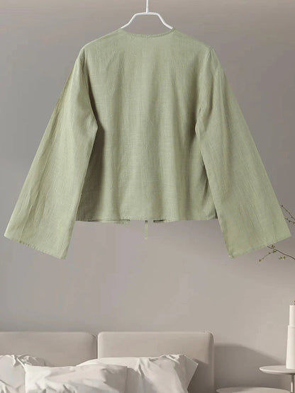 Cotton Line Tops Women Lace Up V-Neck Loose Solid Shirts Female 2024 Summer New Long Sleeves Fashion Casual Soft Shirt Lady