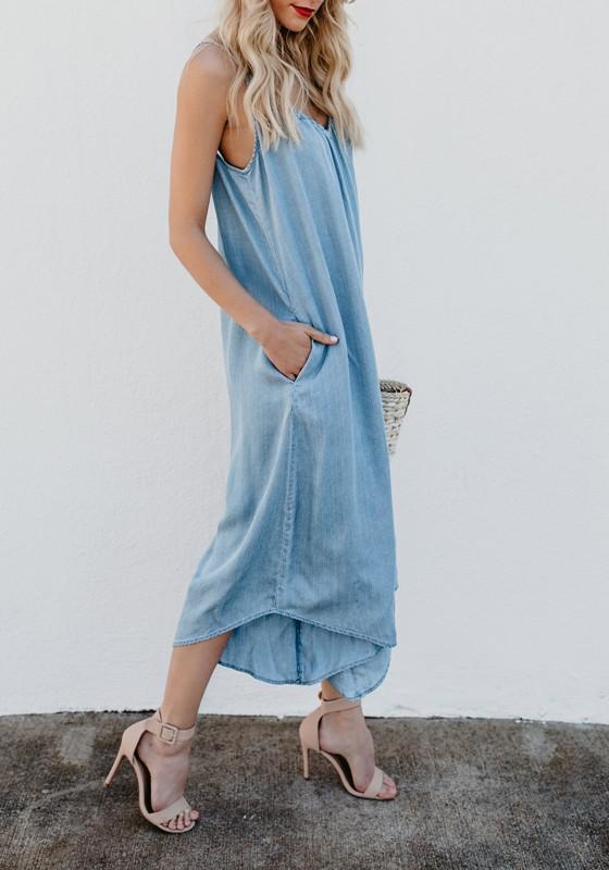 Casual Pockets Spaghetti Strap Backless V-Neck Plus Size Blue Wide Leg Jumpsuit