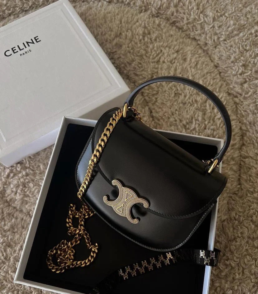 Celine Mini Chain Besace Clea in Shiny Calfskin Black 15.5 x 11.5 x 5cm