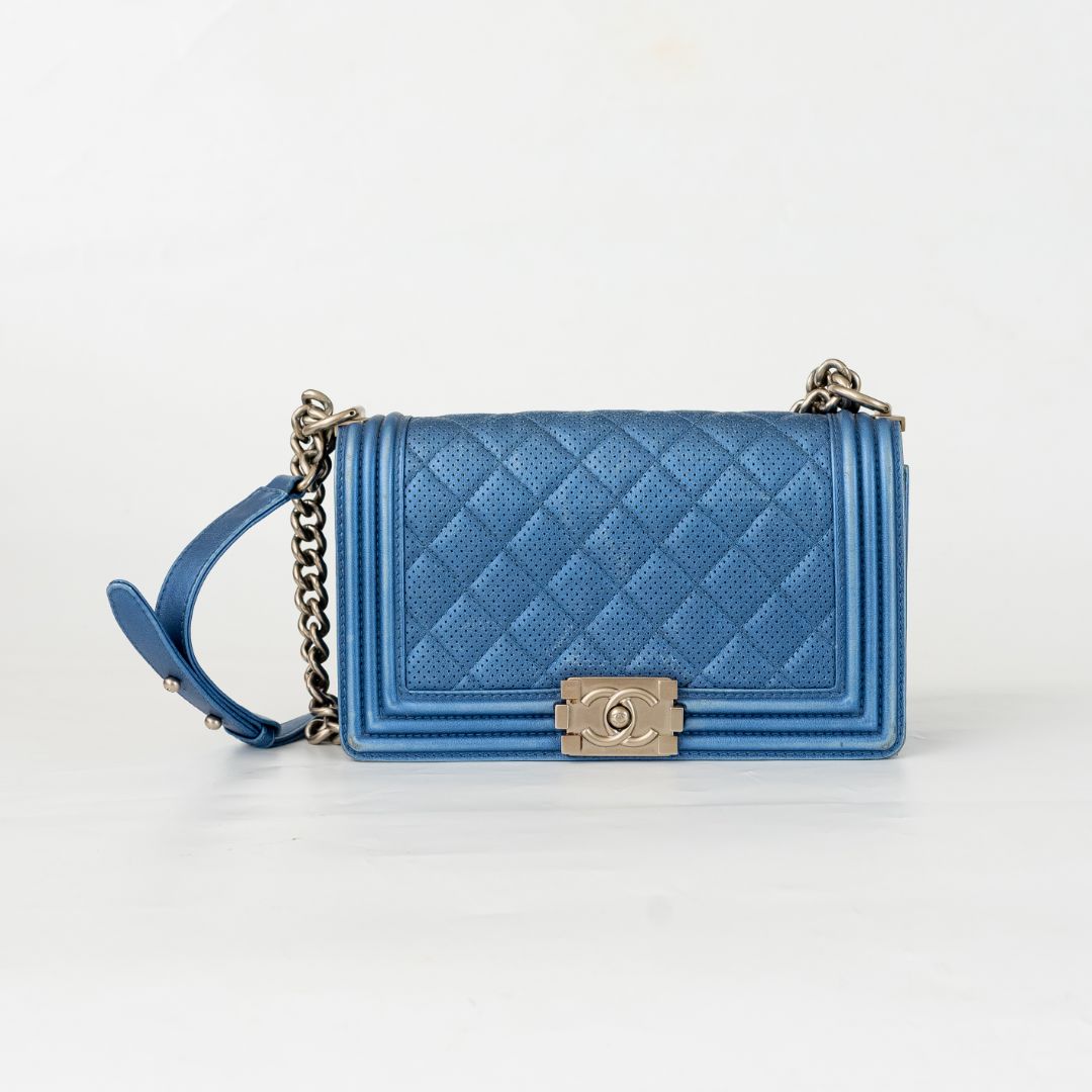 Chanel Blue Perforated Quilted Leather Small Boy Flap Bag