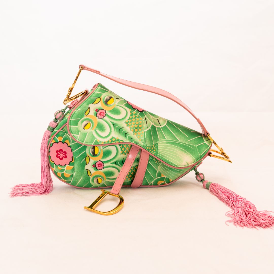 Dior Pink/Green printed satin glazed leather limited edition 0705 saddle bag