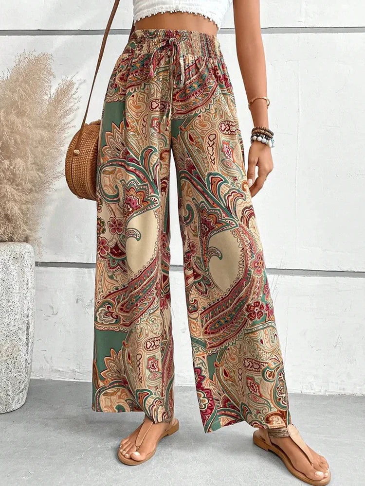 Digital Print High Waist Wide Leg Pants Ethnic Style Women'S Clothing Elastic Bands Boho Pants Loose Casual Pants Beach Pants
