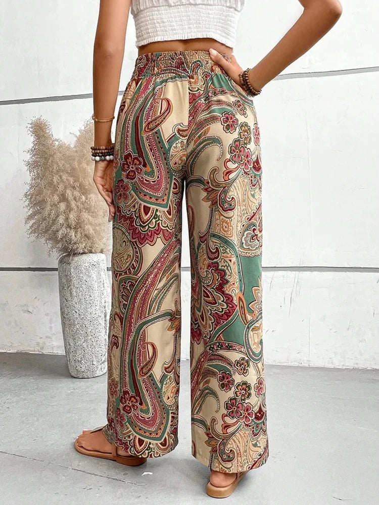 Digital Print High Waist Wide Leg Pants Ethnic Style Women'S Clothing Elastic Bands Boho Pants Loose Casual Pants Beach Pants