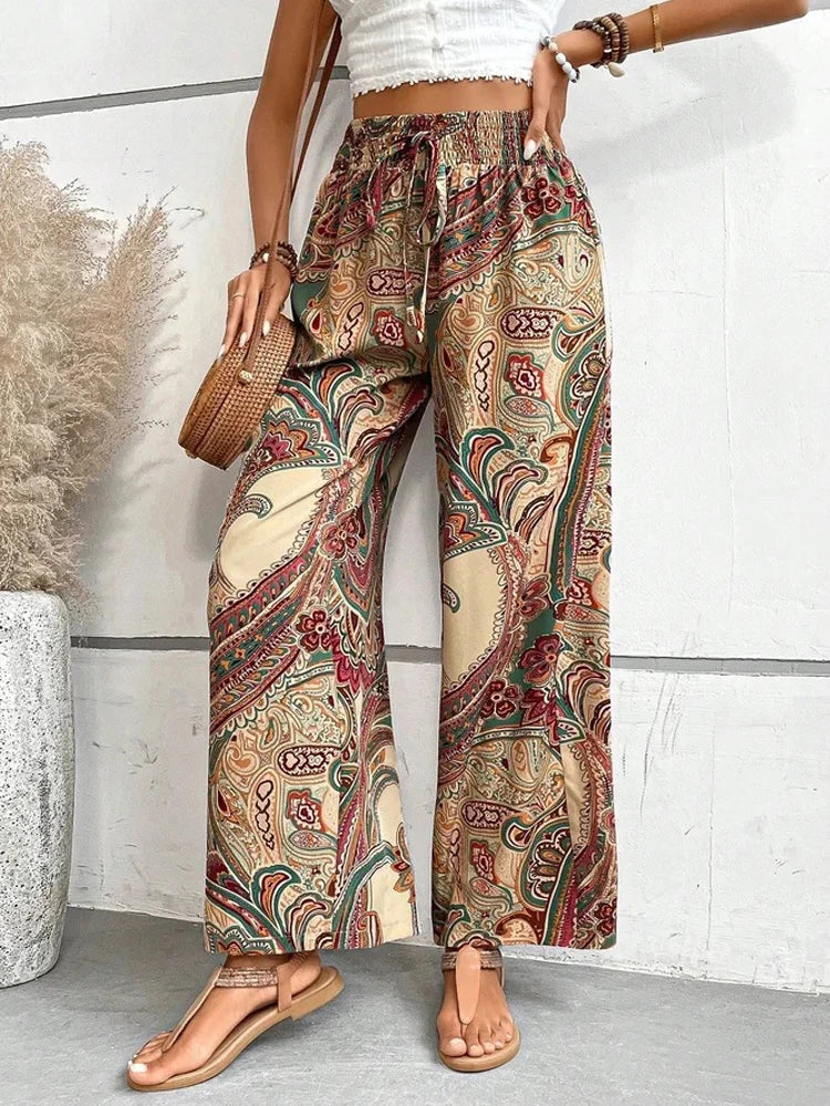 Digital Print High Waist Wide Leg Pants Ethnic Style Women'S Clothing Elastic Bands Boho Pants Loose Casual Pants Beach Pants