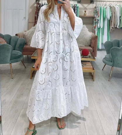 Dresses For Dresses Spring Summer Shirt Dress 2023 White Dresses V-Neck Flared Sleeves Lace Hollow Solid Color Sexy Long Dresses