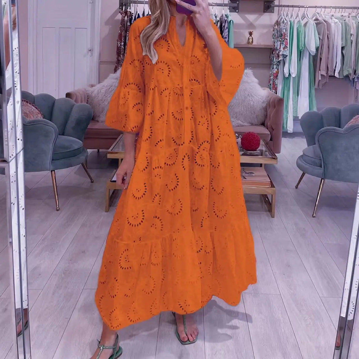 Dresses For Dresses Spring Summer Shirt Dress 2023 White Dresses V-Neck Flared Sleeves Lace Hollow Solid Color Sexy Long Dresses