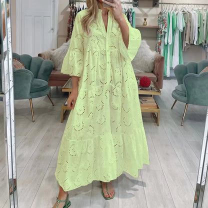 Dresses For Dresses Spring Summer Shirt Dress 2023 White Dresses V-Neck Flared Sleeves Lace Hollow Solid Color Sexy Long Dresses